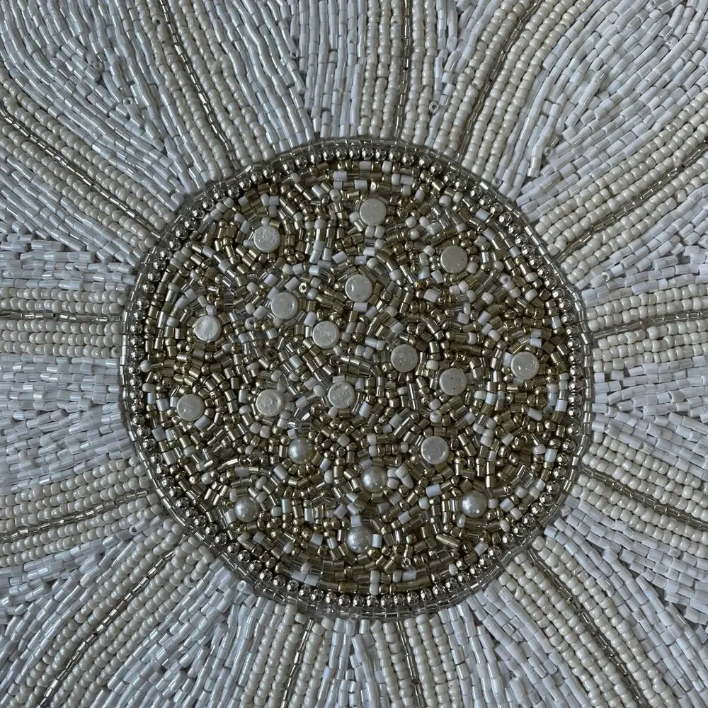 TAHARI HOME Glass Hand Beaded Charger Placemat 15in White Silver Floral NEW
